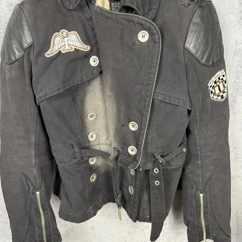 Icon Motorsports Textile Armoured Canvas Black Motorcycle Jacket Coat LG Patches